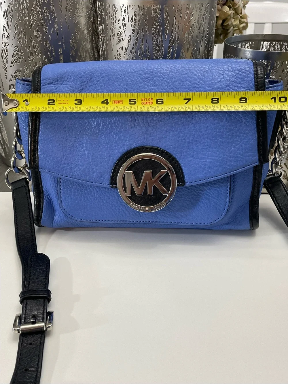 Michael Kors Blue Leather Crossbody Bag MK Logo Flap Chain Strap Shoulder